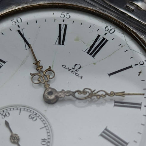 Around 1910 Antique Omega pocket watch with swan engraving square silver side case works well